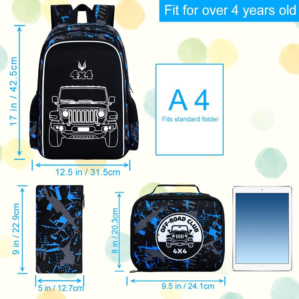 KLFVB 3PCS Truck Backpack for Boys, Luminous School Backpacks with Lunch Box, 17" Water Resistant Kids Camo Bookbag for Middle Elementary Teens to School Travel - Luminous Truck