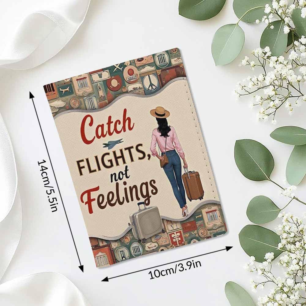Funny Travel Passport Holder for Travel Catch Flights Not Feelings PU Leather Passport Cover Wallet Cute Passport Card Holder for Women and Men