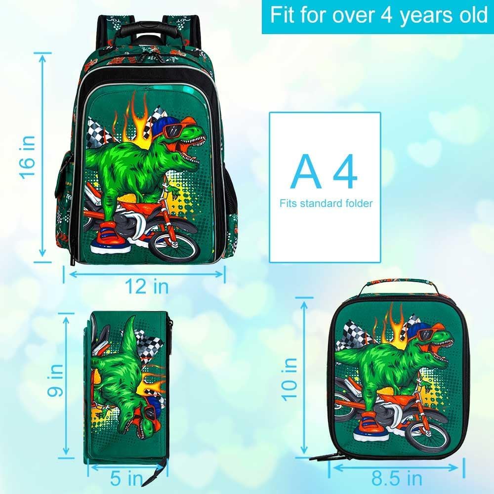 KLFVB 3PCS Cat Uni Dinosaur Backpack for Girls and Boys, 16" Kids Bookbag and Lunch Box, Preschool Backpacks for Elementary