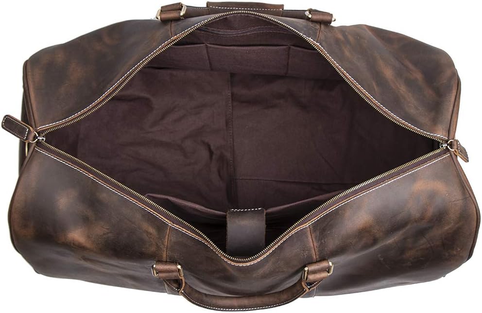 Leather Travel Luggage Bag, Mens Duffle Retro Carry on Handbag(Dark Browm, 24 Inch)