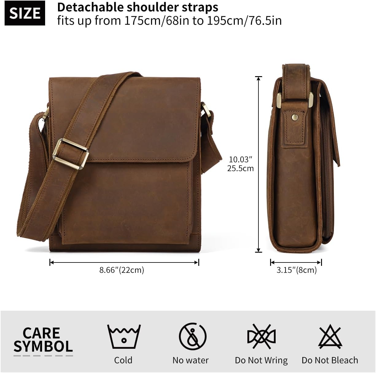 Augus Leather Messenger Crossbody Shoulder Bag for Men Work Business Casual Adjustable straps With YKK Metal Zipper