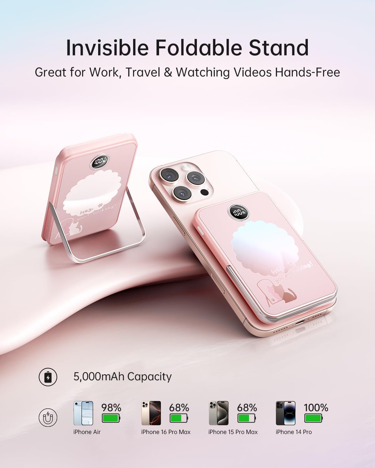 iWALK Magnetic Portable Charger 5,000mAh, Wireless Power Bank with Mirror & Foldable Stand, Ultra Slim Battery Pack with USB-C Cable, MagSafe Compatible for iPhone 17/16/16 Plus/16 Pro/15/14/13/12