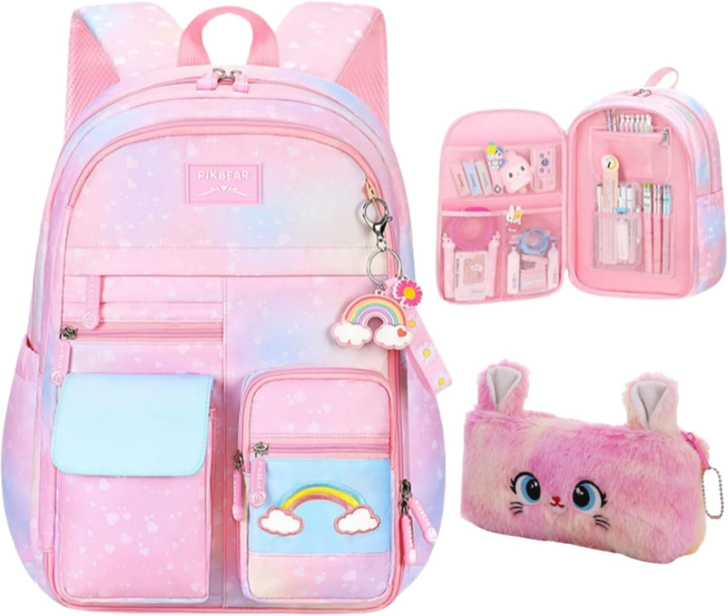 Girls Backpack,Rainbow Backpack for Girls-Kawaii Pink School Bookbag, Lightweight Large Capacity Kids Backpack for Travel & Daily Use
