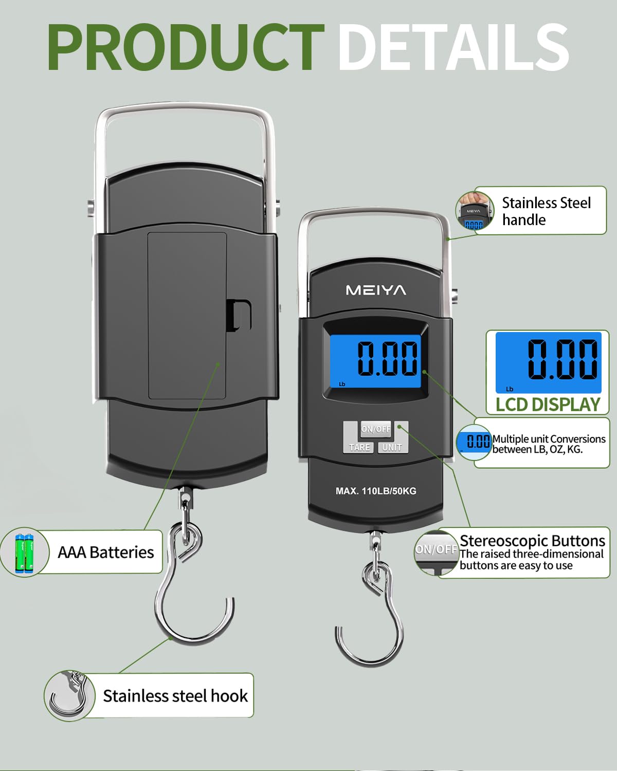 MEIYA Fish Scale 110lb/50kg Digital Fishing Scale with Backlit LCD, Portable Handle, Stainless Steel Hook & 2 AAA Batteries – Reliable Fishing Gear & Great Fishing Gifts for Men