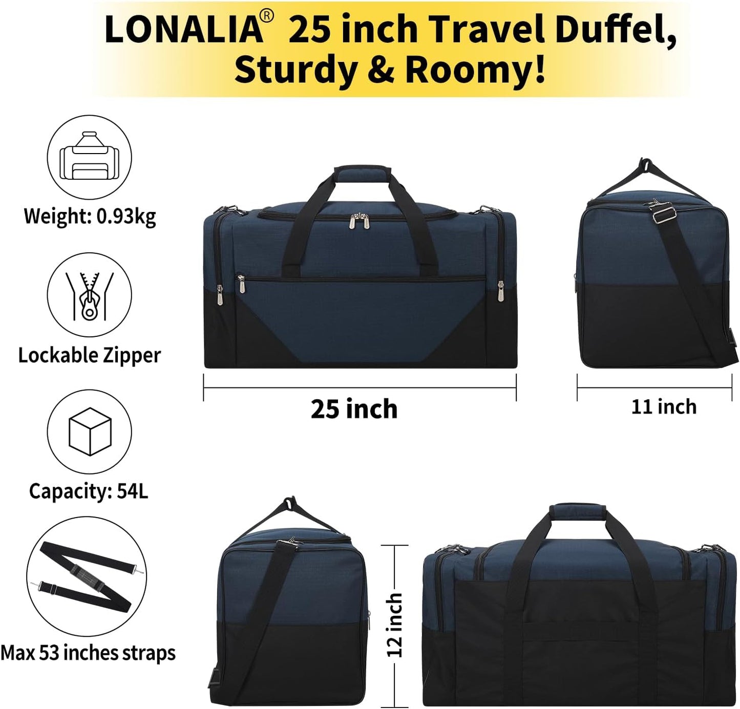 25 in Large Travel Duffel Bag for Men - 56L Roomy Weekender Bag with Trolley Sleeve (Navy)