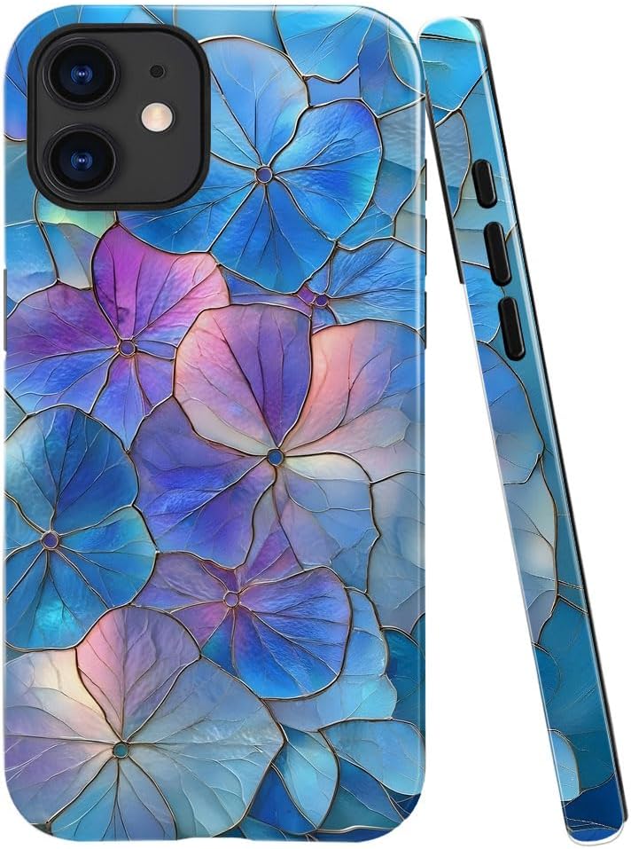 Case for iPhone 12 - Slim Fit Anti-Scratch Phone Case for Girl Women - Blue Hydrangea Floral Stained Glass Aesthetic (Glossy)