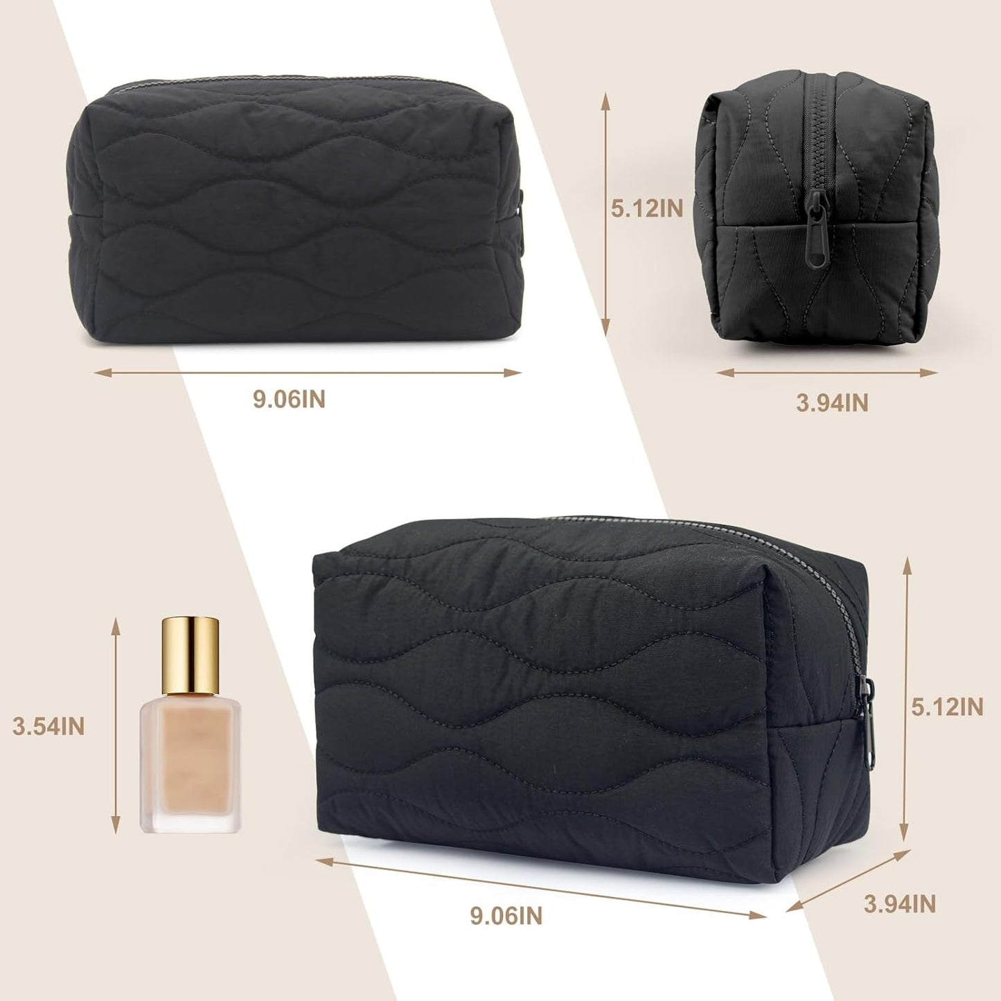 Make up Bag Travel Cosmetic Bag for Women Girls Zipper Puffy Padded Makeup Organizer Waterproof Portable Pouch Purse Lightweight Toiletry Accessories Storage Black