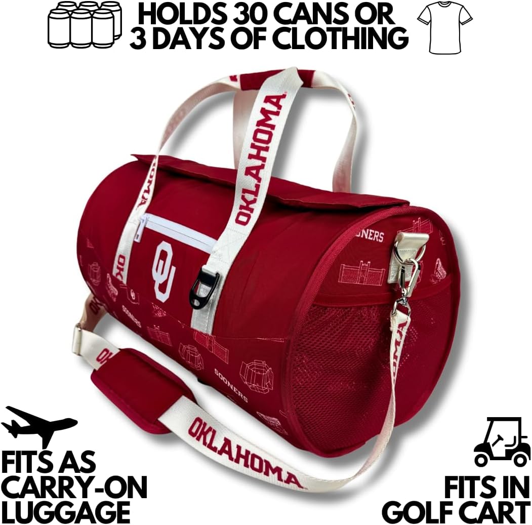 Varsity Cooler University of Oklhaoma Licensed Travel Duffle & Cooler – 30 Can Leakproof Insulated backpack, Waterproof Soft Cooler, Golf, Carry-On Luggage, Gym & Outdoor – Durable Nylon Sports Bag