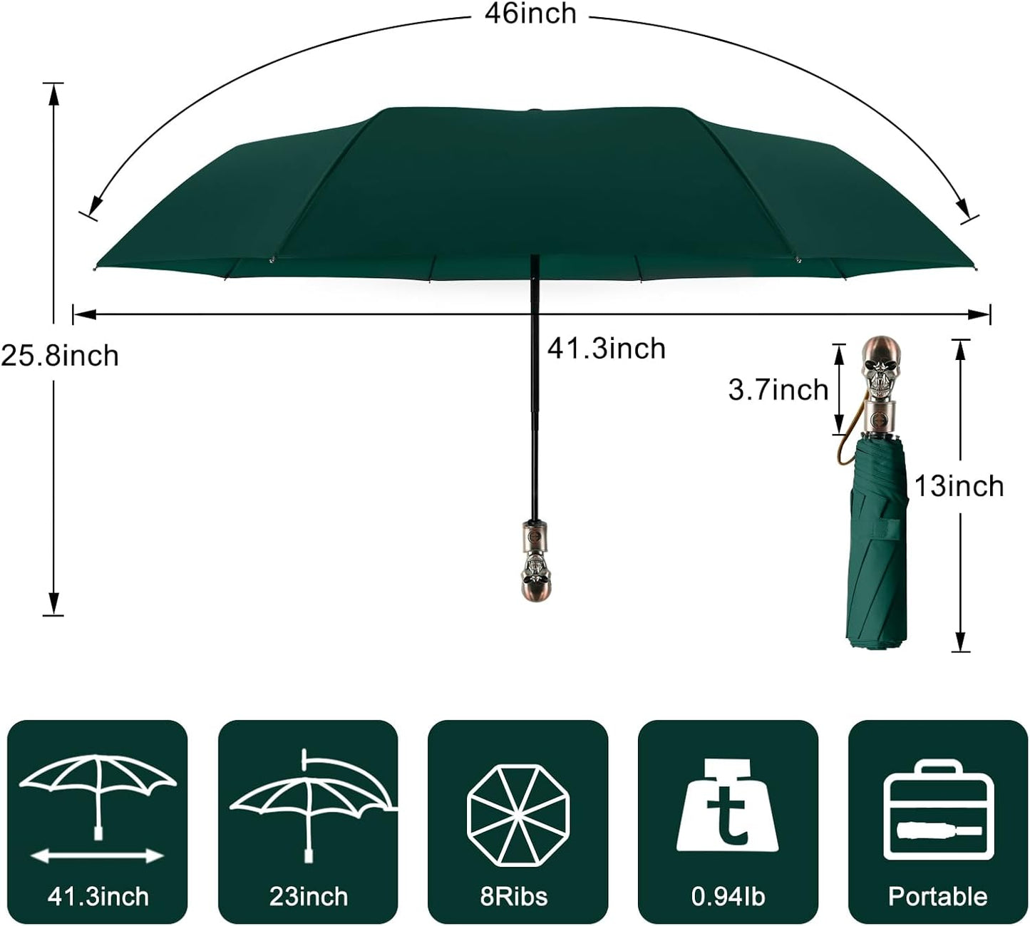 Lejorain Mens Black Skull Umbrella - Automatic Luxury Travel Windproof Umbrella Compact - Portable Strong Lightweight Rain Umbrella for Adults