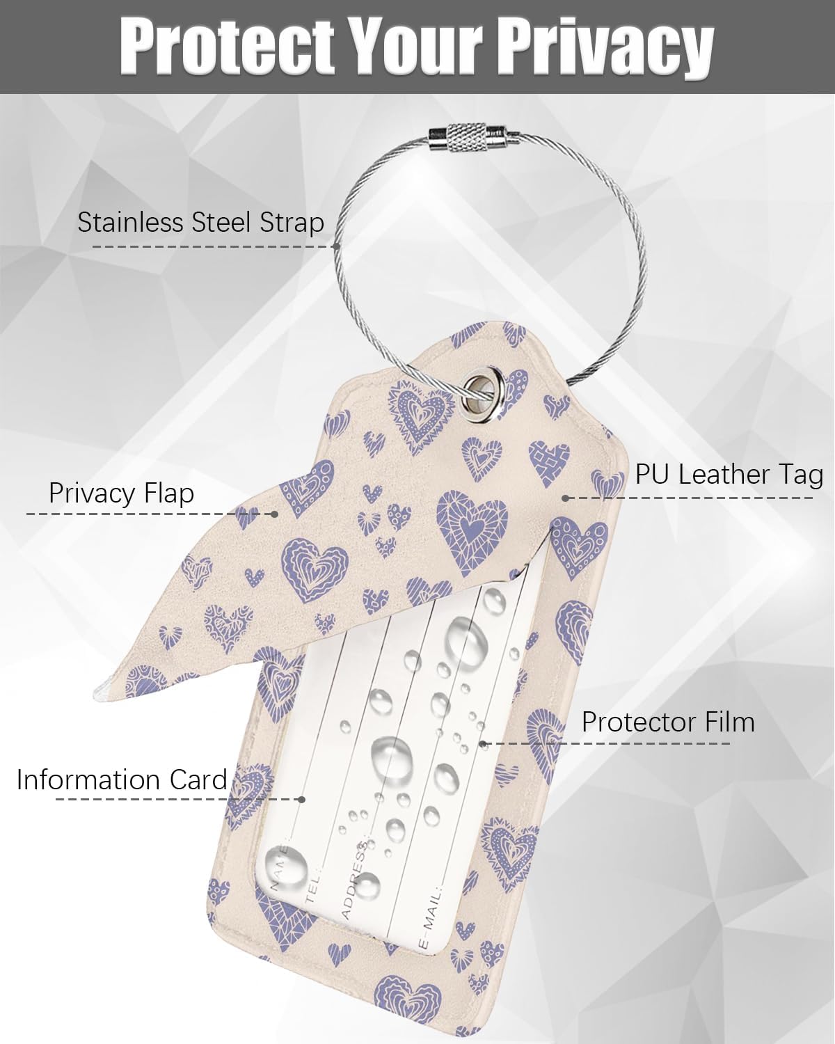 2 Pack Luggage Tags for Suitcase, Cute Chil Heart Leather Suitcase Tags Cruise Ship with Privacy Cover and Double Metal Loop for Women Men Girls Boys Travel Baggage Bag Backpack Tags Pink