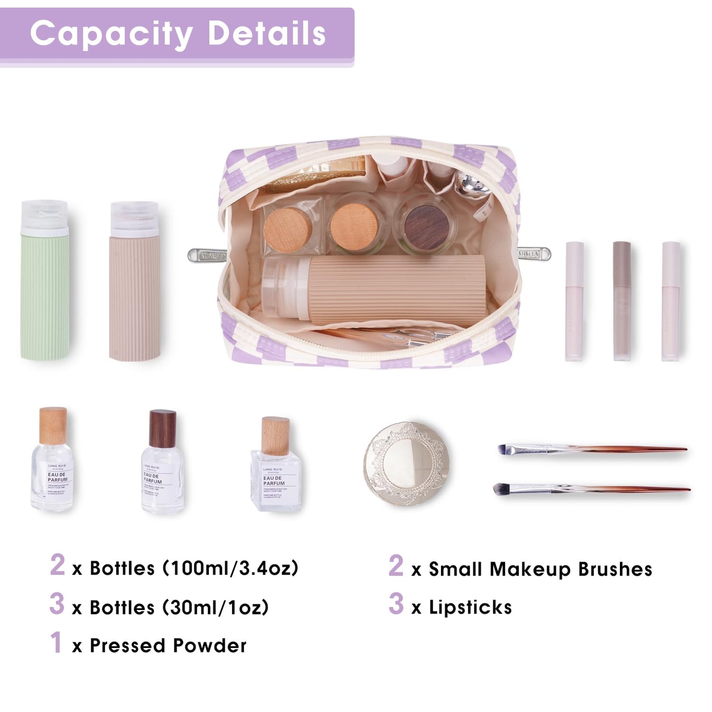 Narwey Small Checkered Makeup Bag for Purse Mini Cosmetic Bag Travel Makeup Pouch Zipper Pouch Cute Make up Bags with Compartments for Women Girls (Purple Checkerboard, Small)