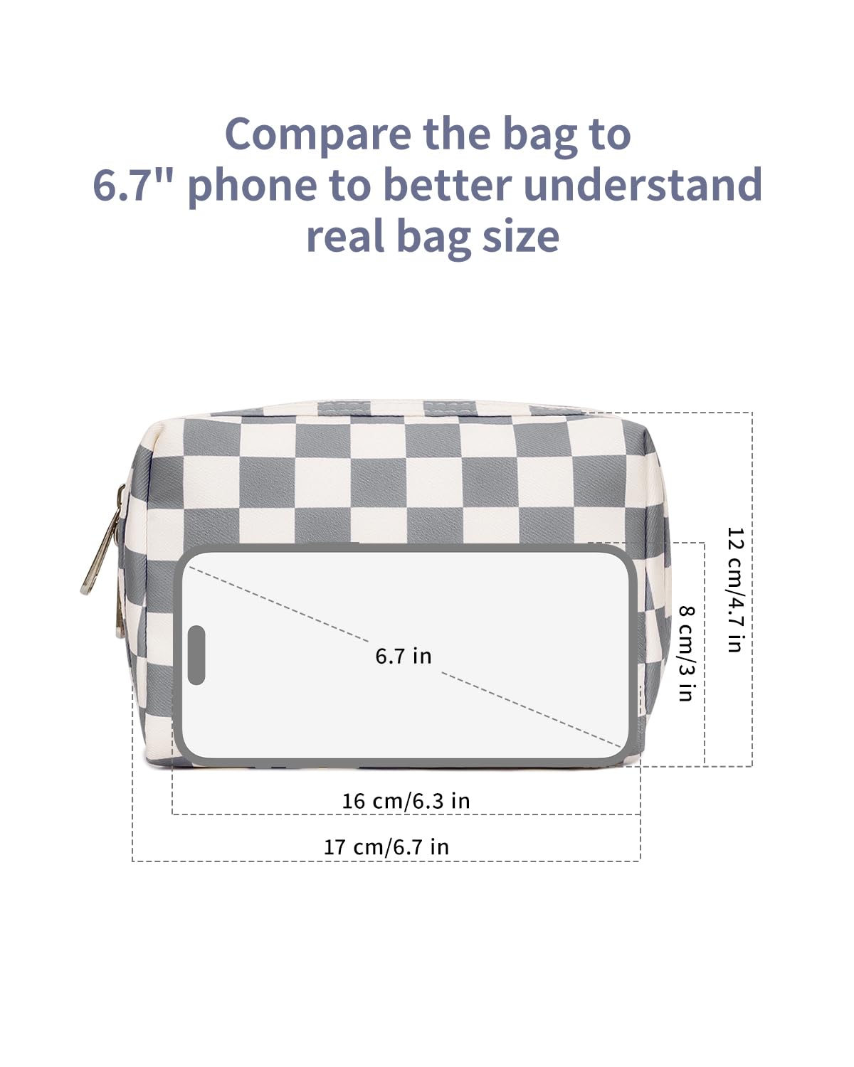 Narwey Small Checkered Makeup Bag for Purse Mini Cosmetic Bag Travel Makeup Pouch Zipper Pouch Cute Make up Bags with Compartments for Women Girls (Grayish Blue Checkerboard, Small)