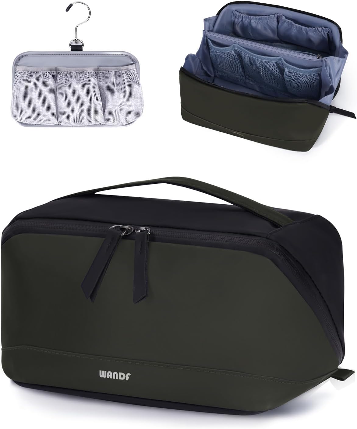 WANDF Toiletry Bag for Men, PU Leather Travel Organizer with Detachable Waterproof Hanging Pouch, Open-Flat Dopp Kit Shaving Bag with Wet Pocket for Travel Toiletries Accessories (Army Green)