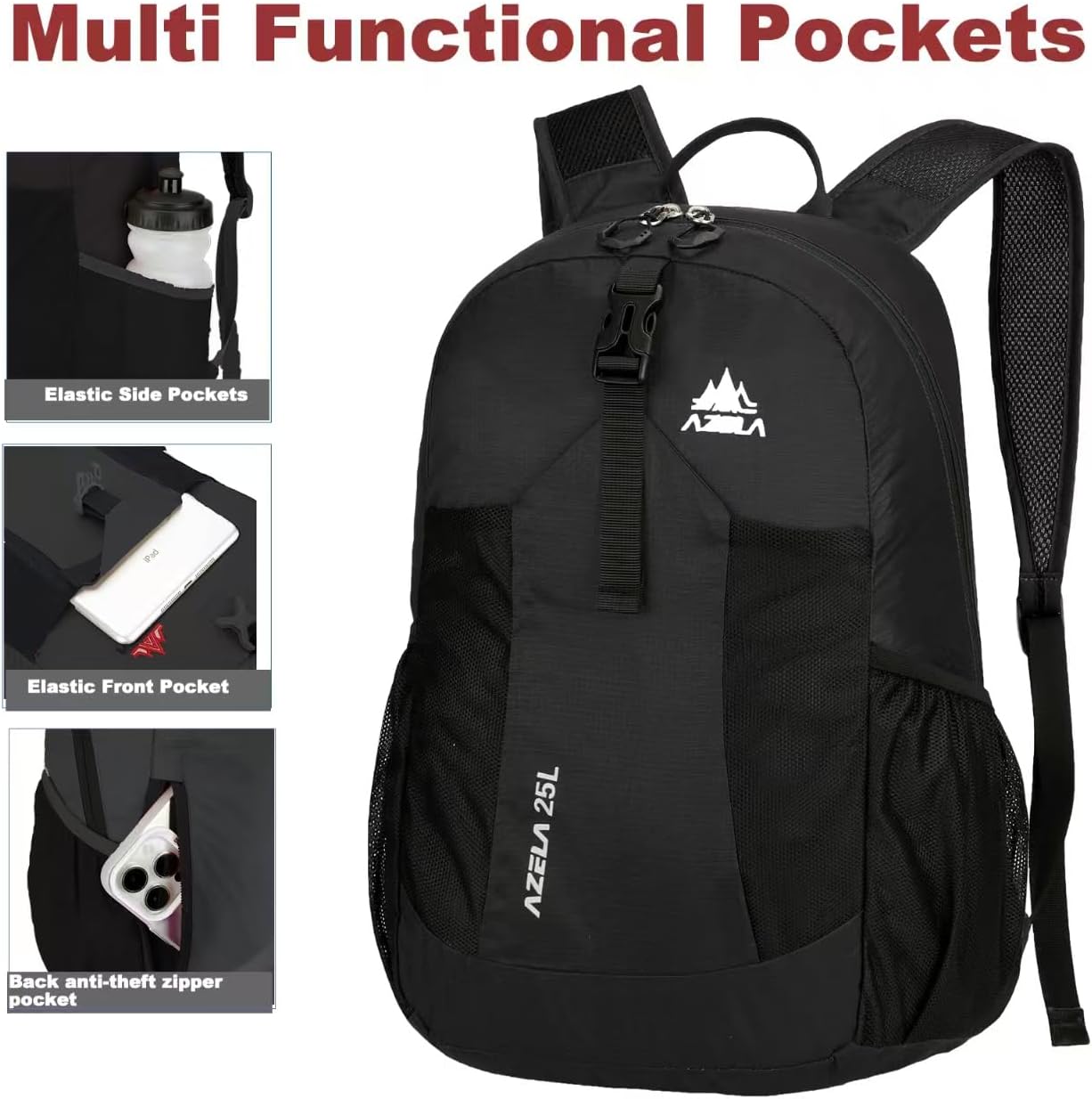 Lightweight Packable Backpack 25L Small Lightweight Backpack for Travel Hiking Daypack Foldable Daypack for Women Men Black