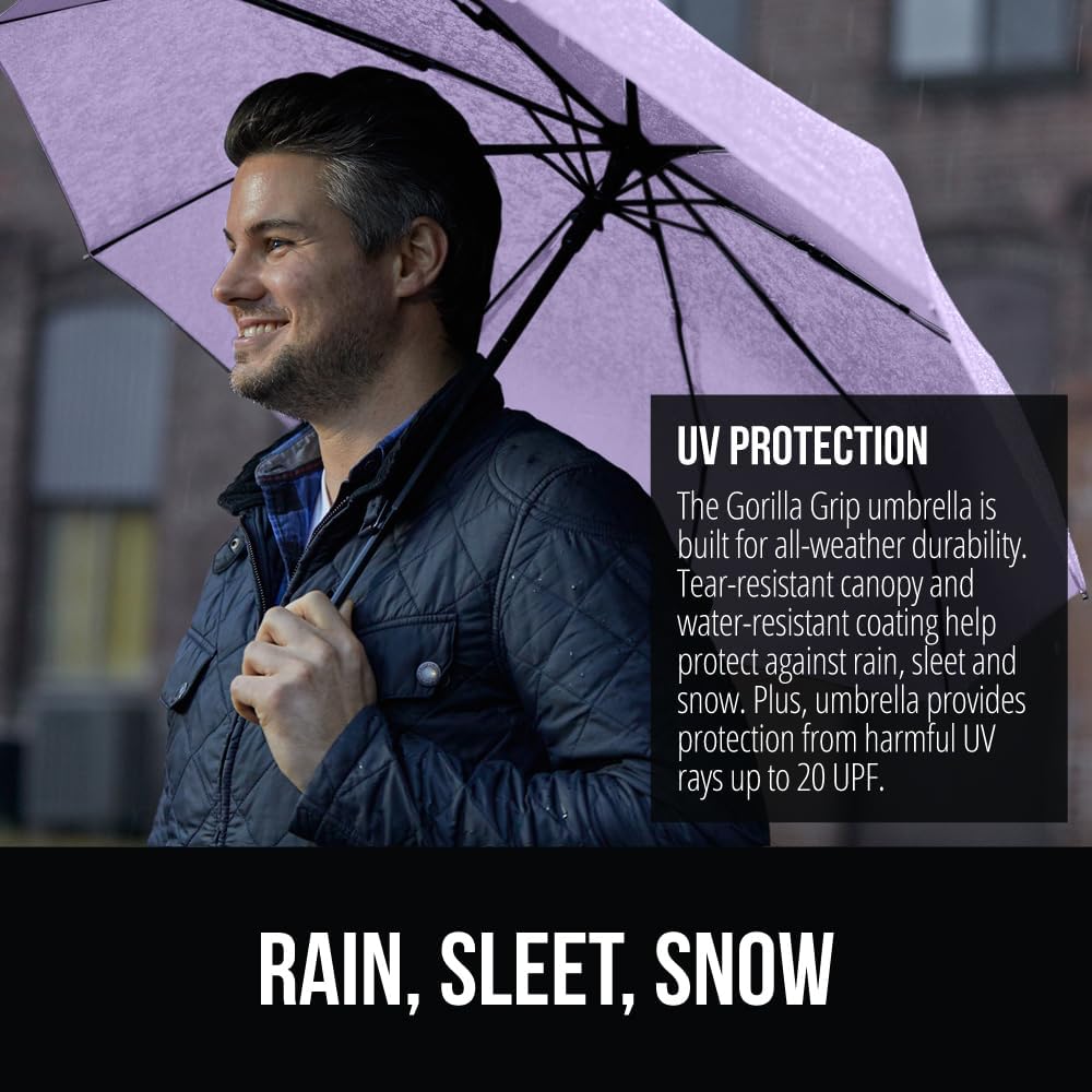GORILLA GRIP Strong Windproof Stick Compact Umbrella for Rain, One-Click Automatic Open and Close, Durable Quick Dry Waterproof Material, Lightweight and Portable, Travel Size Fits Backpack, Purple
