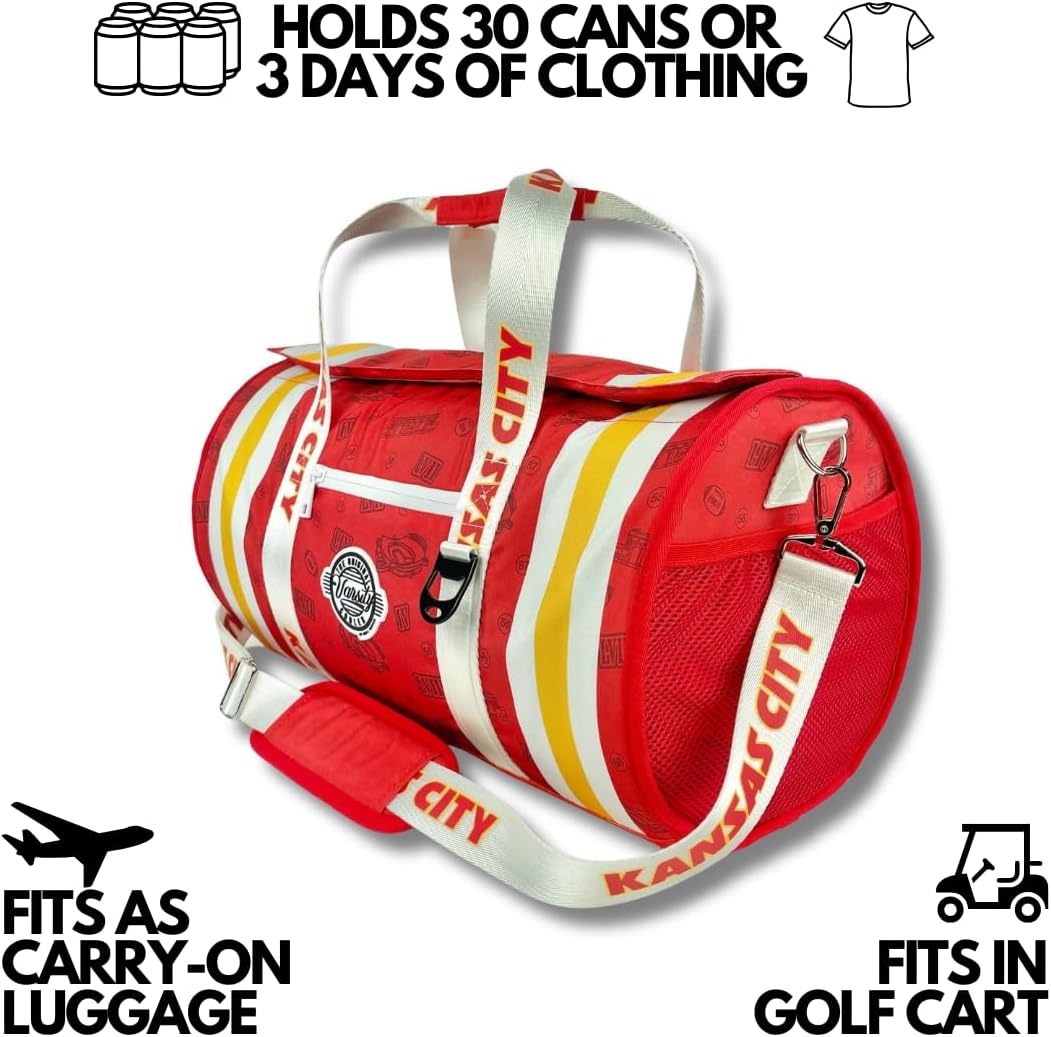 Varsity Cooler Kansas Travel Party Duffel & Cooler – 30 Can Leakproof Insulated Tote Bag, Waterproof Soft compartment for Tailgating, Golf, Beach, Carry-On Luggage & Outdoor Sports