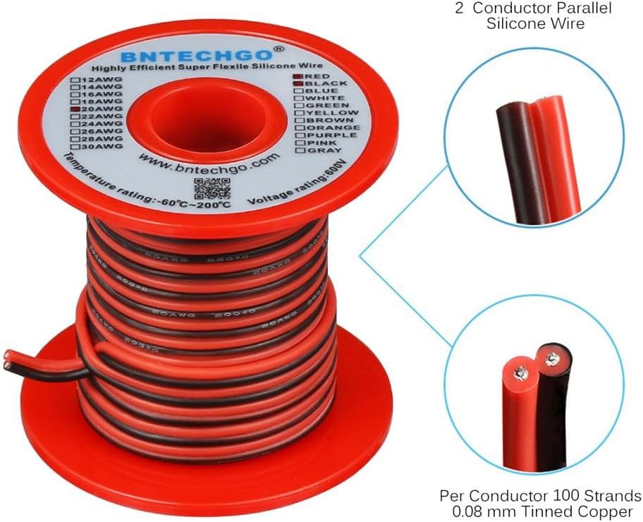 BNTECHGO 20 Gauge Flexible 2 Conductor Parallel Silicone Wire Spool Red Black High Resistant 200 deg C 600V for Single Color LED Strip Extension Cable Cord,Model,25ft Stranded Tinned Copper Wire