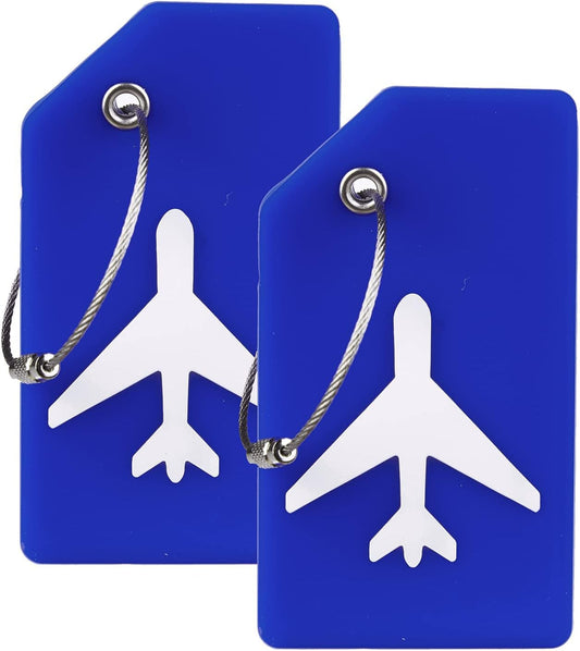 Gostwo 2 Pack Silicone Luggage Tags for Suitcases, 26 Initial Letter Baggage Labels Handbag School Bag Suitcase Instrument Tag with Stainless Steel Loop(Blue)(Airplane)