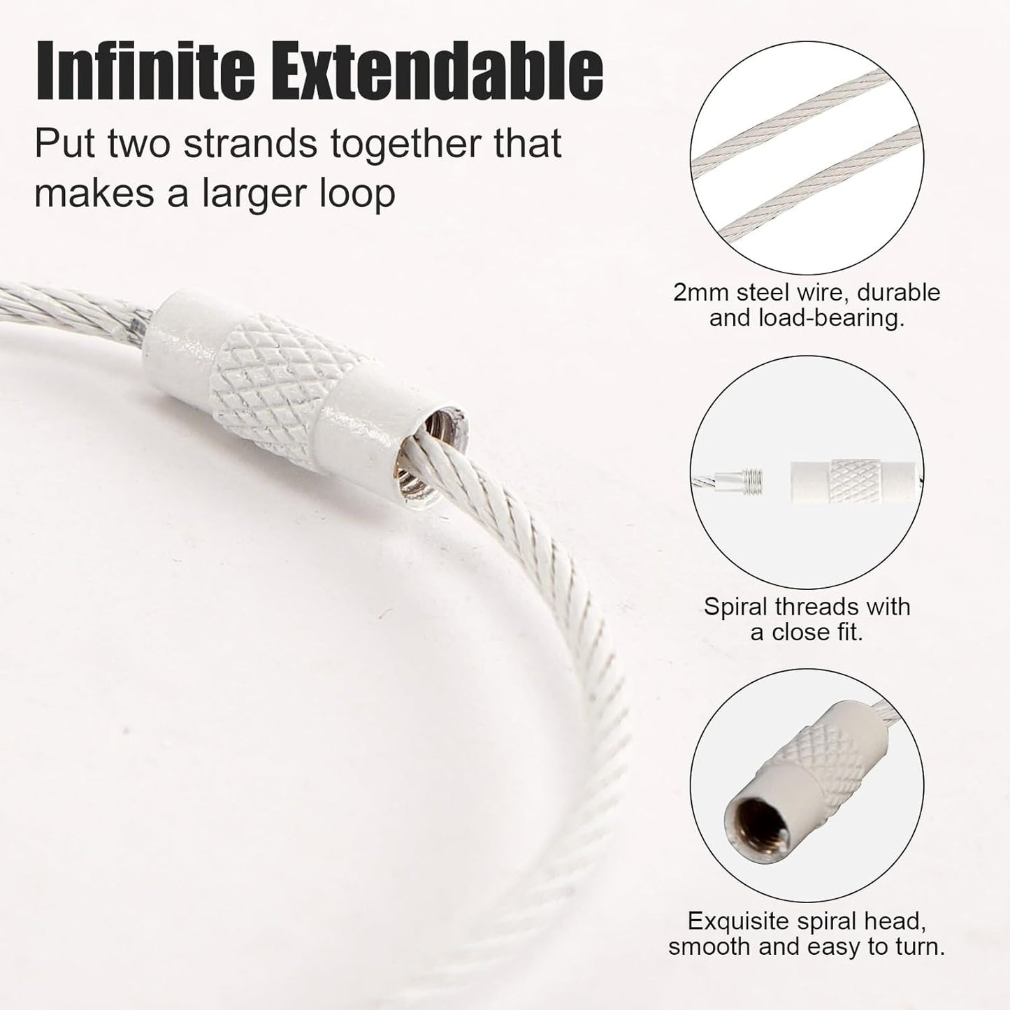 Stainless Steel Wire Keychains Aircraft Cable Cable (20 PCS White)