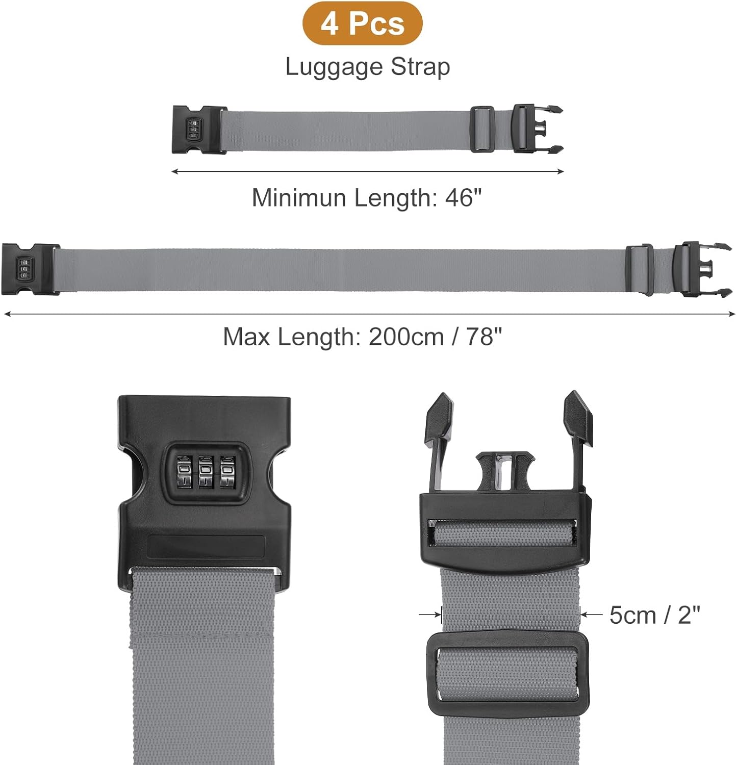 MECCANIXITY Luggage Straps with Combination Lock Adjustable Suitcase Belt Strap for Suitcase Briefcase Backpack Travel, Gray, Pack of 4