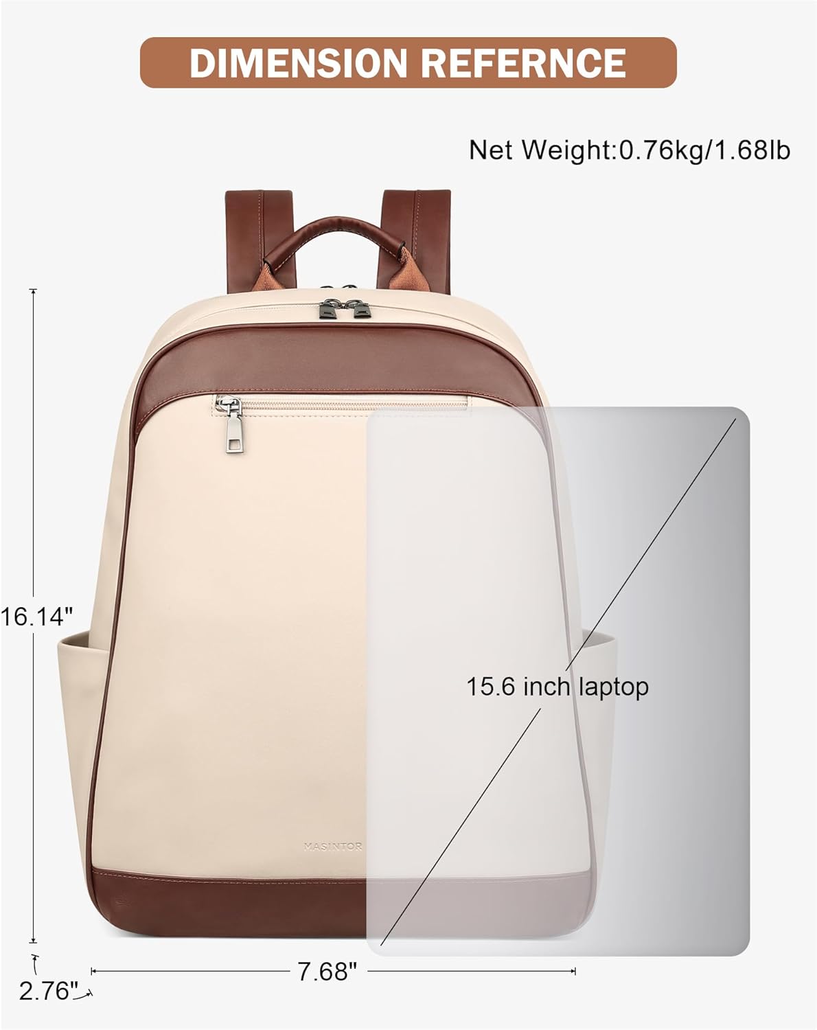 MASINTOR 15.6 inch Leather Laptop Backpack Purse for Women, Designer Travel and Work Bag with Laptop Compartment Beige Brown