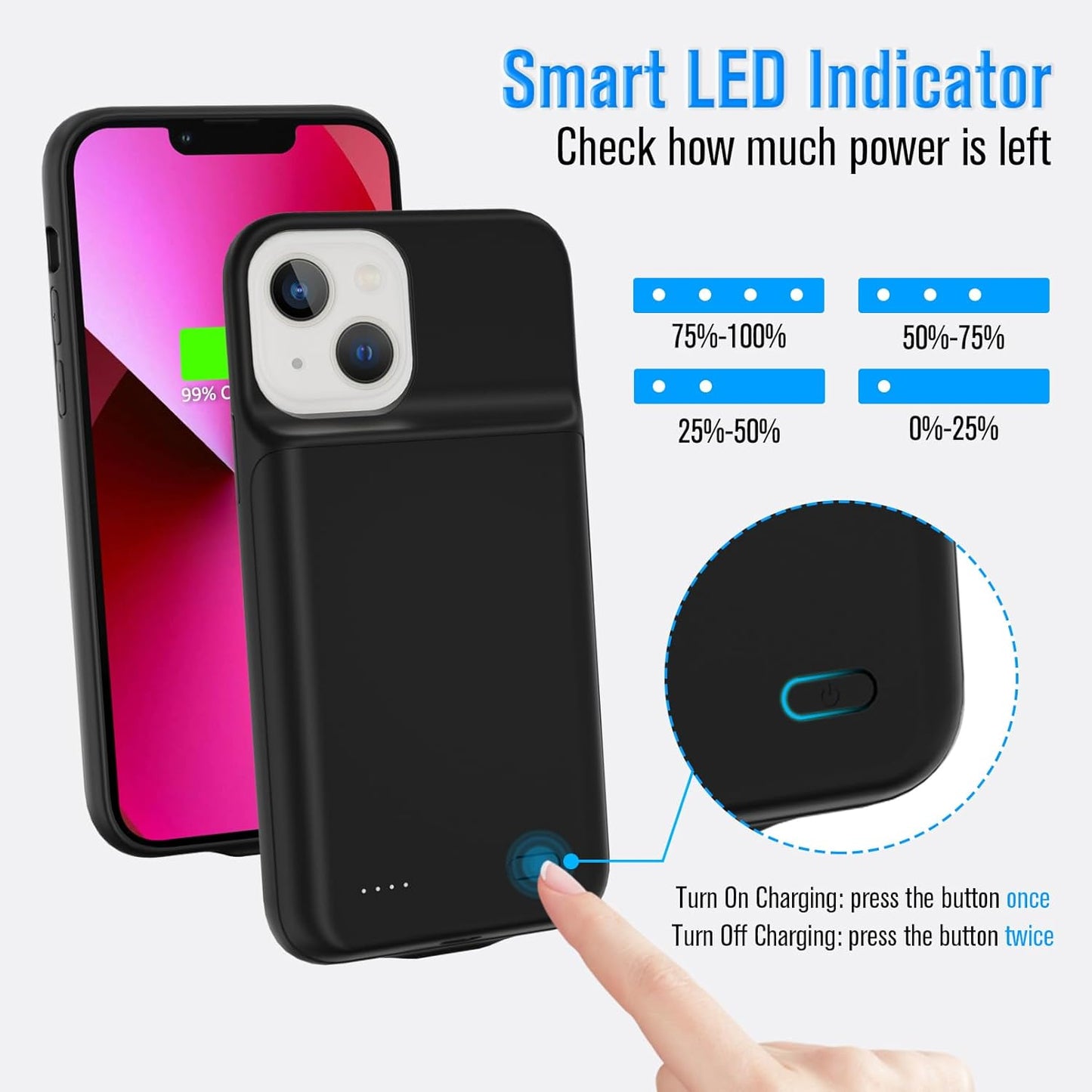 Gladgogo Charging Case for iPhone 13, Real 6000mAh Powerful Smart Battery Case Charger Ultra Slim Portable External Battery Pack Compatible with 13, 6.1 inch, Black