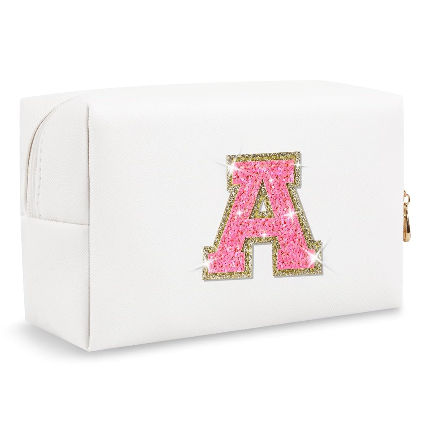 Small Personalized Initial A-Z Patch Makeup Bag,White Cute PU Leather Glitter Letter Cosmetic Bag for Teen Girls,Travel Toiletry Bag with Zipper,Preppy Monogrammed Birthday Gift for Daughter Niece A