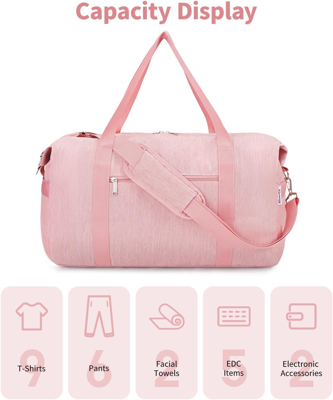 Narwey Carry on luaggage 22x14x9 Airlines Approved Foldable Carry on Bag Travel Duffel Packable Duffle with Wet Pocket Overnight for Women and Men 40L (Pink)