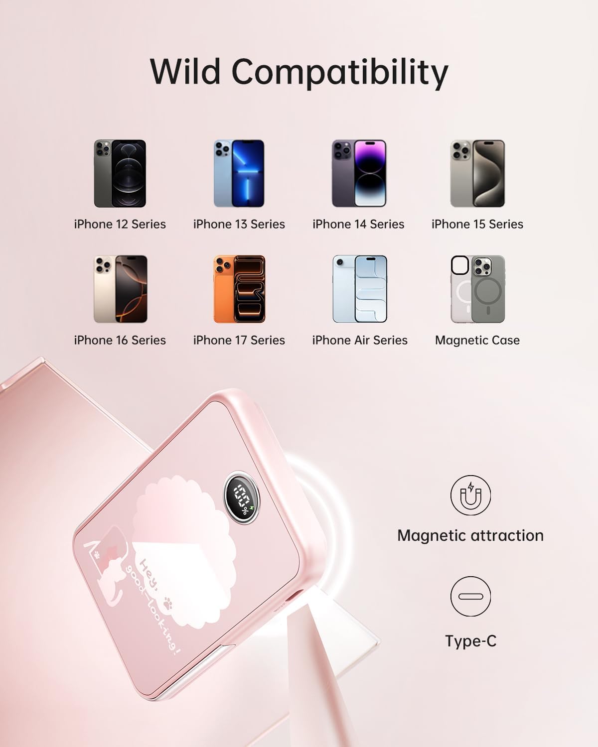 iWALK Magnetic Portable Charger 5,000mAh, Wireless Power Bank with Mirror & Foldable Stand, Ultra Slim Battery Pack with USB-C Cable, MagSafe Compatible for iPhone 17/16/16 Plus/16 Pro/15/14/13/12