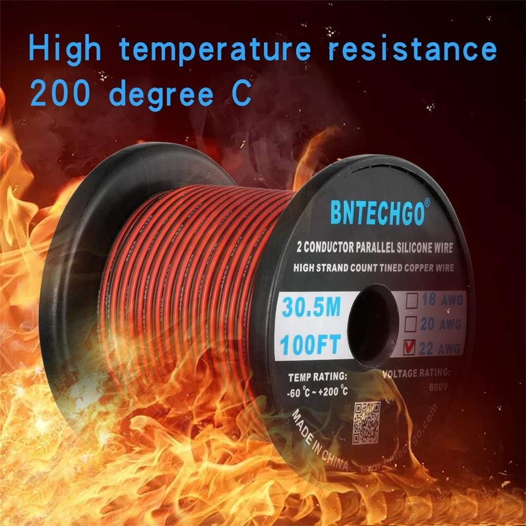 BNTECHGO 22 Gauge Flexible 2 Conductor Parallel Silicone Wire Spool Red Black High Resistant 200 deg C 600V for Single Color LED Strip Extension Cable Cord,Model,100ft Stranded Tinned Copper Wire