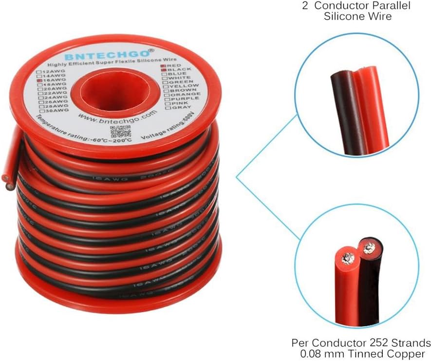 BNTECHGO 16 Gauge Flexible 2 Conductor Parallel Silicone Wire Spool Red Black High Resistant 200 deg C 600V for Single Color LED Strip Extension Cable Cord,Model,25ft Stranded Tinned Copper Wire