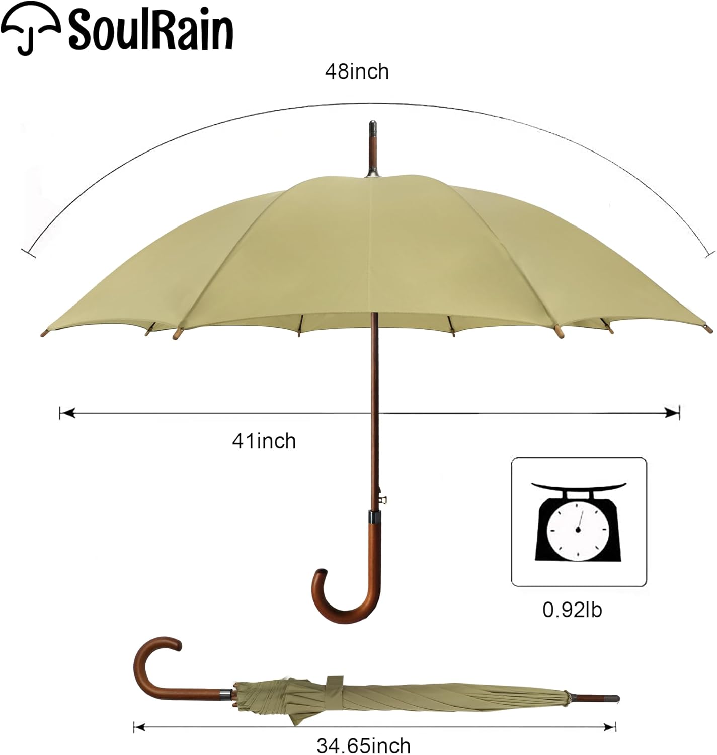 SoulRain 48" Large Umbrella –Windproof Stick Umbrellas for Rain, Automatic Open, Vintage Cane big Umbrella with Classic Wooden Handle,Open for 2 Persons adult,for Women & Men(Beige)