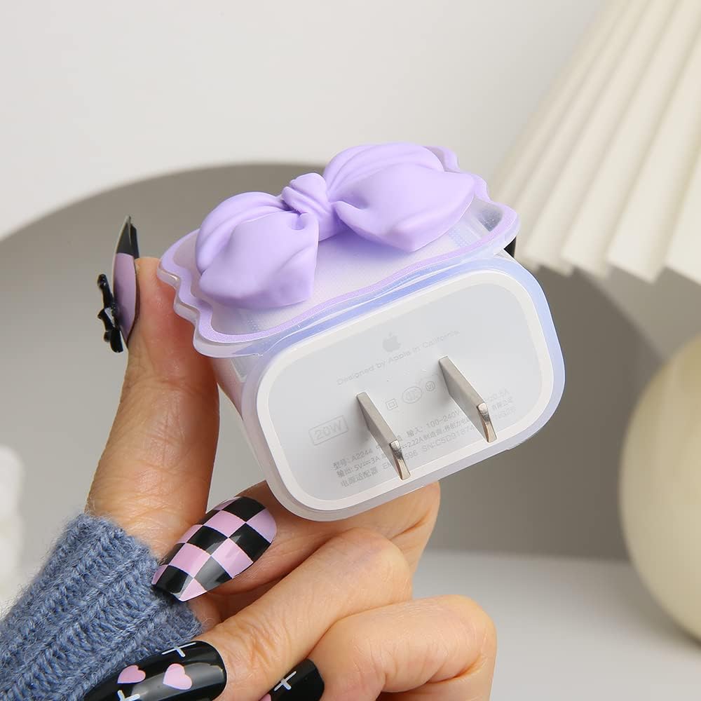 Compatible with iPhone 18W/20W USB-C Charger Cover Cute 3D Bow Tie Design Clear Soft Charger Protector Kawaii Cable Saver for iPhone 11 12 13 14 Pro Max Fast Power Adapter, Purple 2 (5in1)