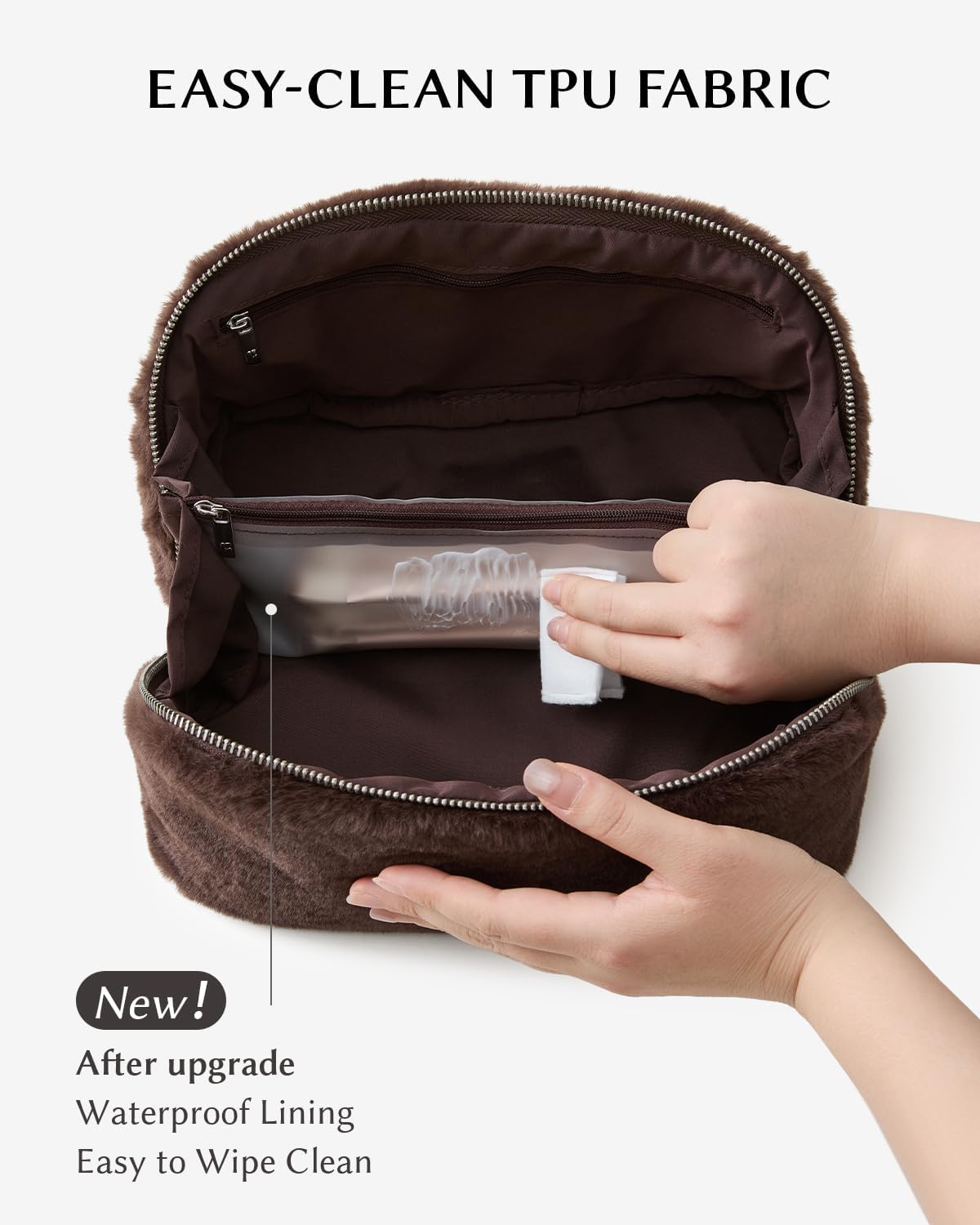 EACHY Travel Makeup Bag,Cute Faux Fur Cosmetic Bag for Women,Portable 180°Wide-Open Flat Toiletry Bag,Large Capacity Makeup Pouch Make up Organizer with Divider and Handle