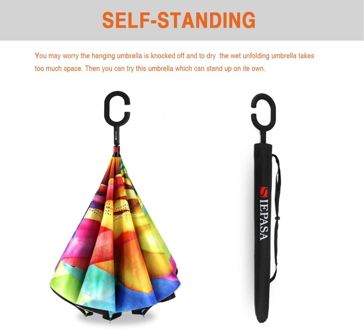 SIEPASA 49/56 Inch Inverted Reverse Upside Down Umbrella, Extra Large Double Canopy Vented Windproof Waterproof Stick Golf Umbrellas with C-shape Handle.