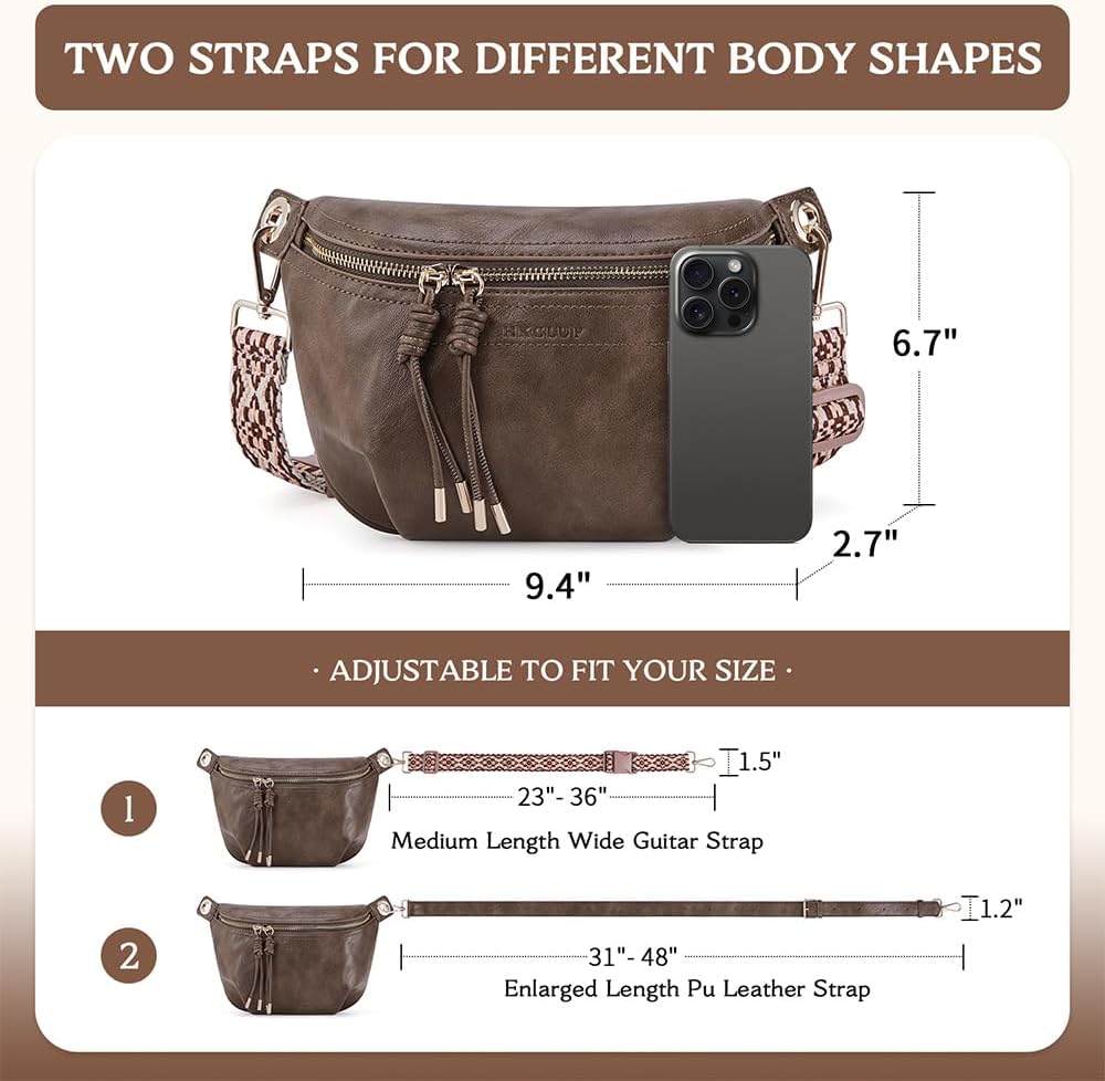 HKCLUF Fanny Pack Crossbody Bags for Women Pu Leather Belt Bag Waist Pack Causal Chest Bum Bag With 2 Straps