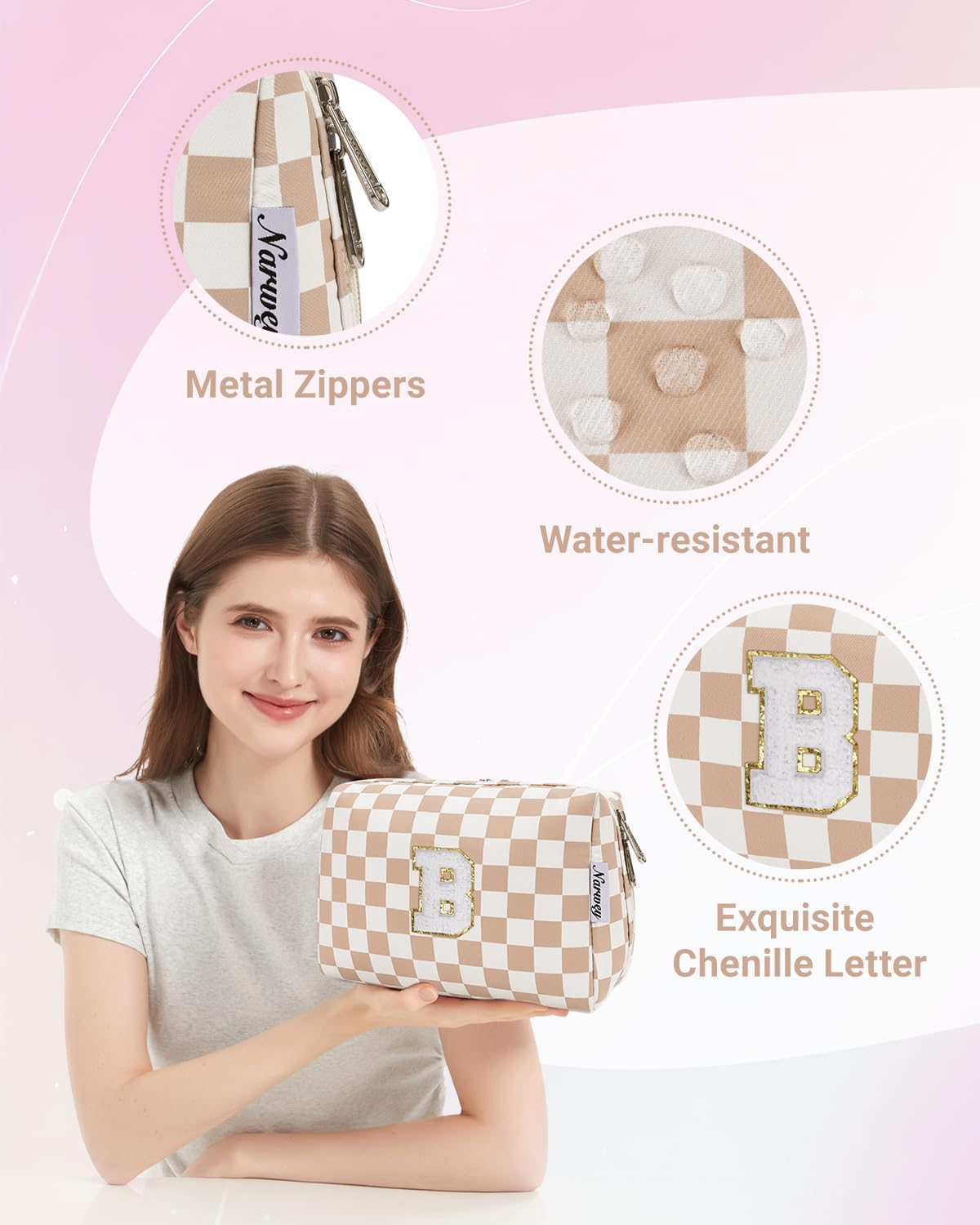 Narwey Birthday Gifts for Women Teen Girls Kids Personalized Initial Checkered Makeup Bag Cute