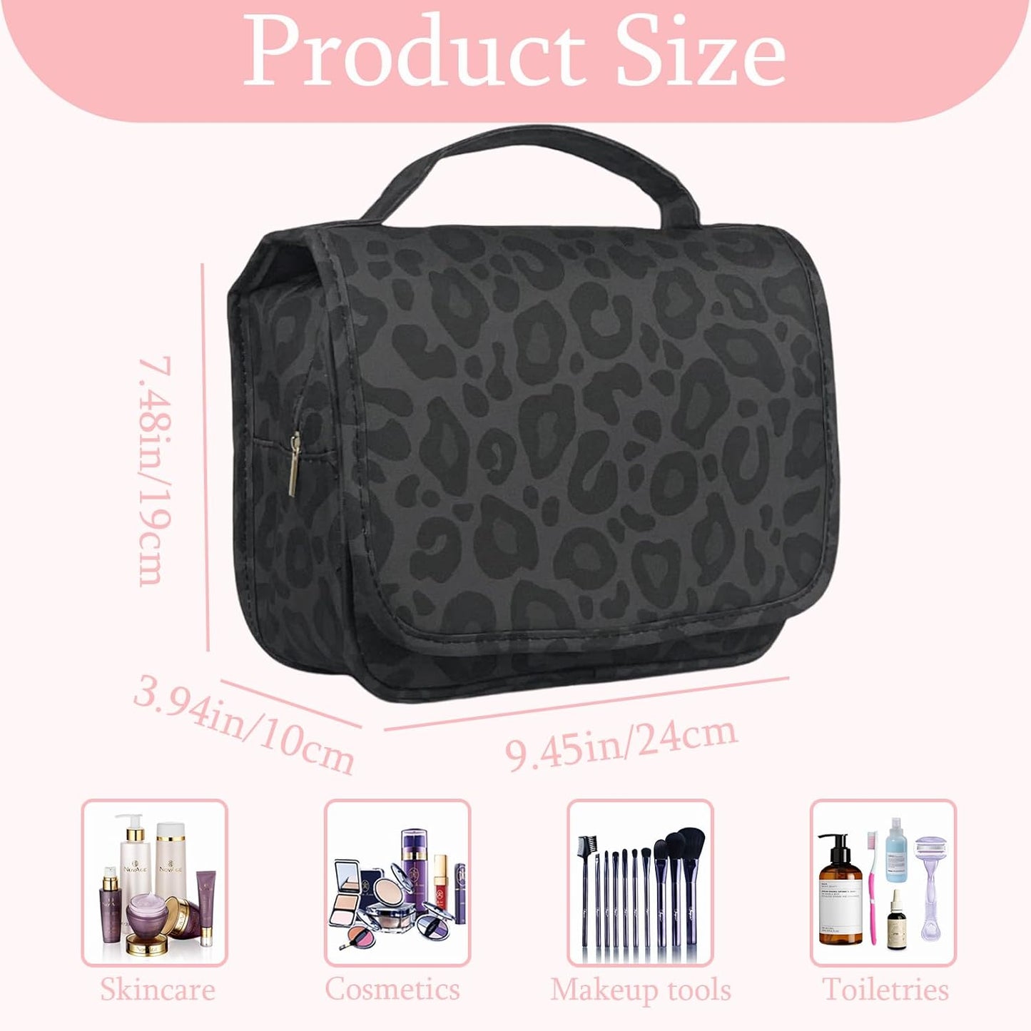 Crazy Bison Hanging Travel Toiletry Bag Kit Makeup Bag Cosmetics Organizer for Men Women (Black Leopard)