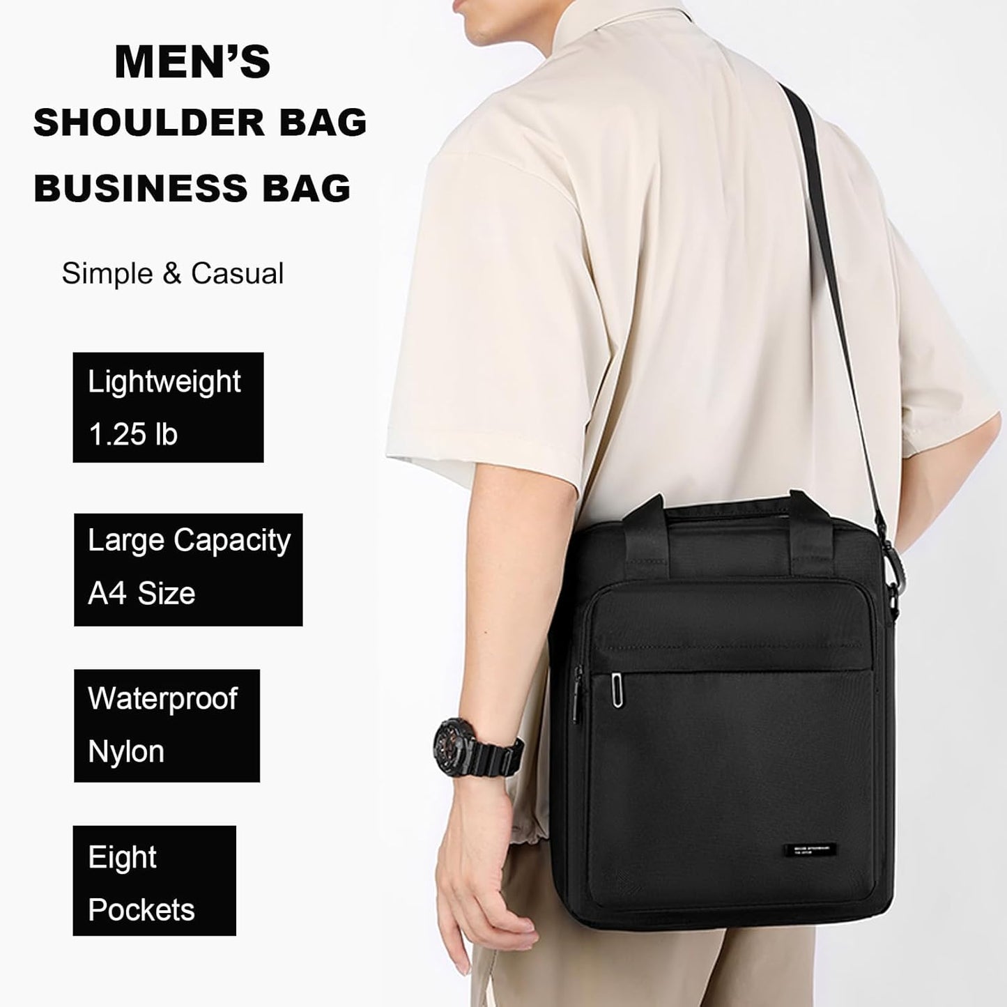 Men's Messenger Bag A4 Nylon Large Shoulder Bag Business Waterproof Casual Black Crossbody Bag for Work Travel Outdoor