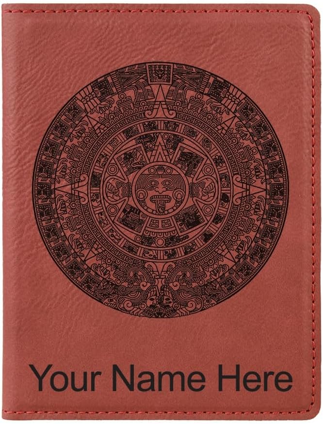 LaserGram Faux Leather Passport Holder, Aztec Calendar, Personalized Engraving Included (Burgundy)