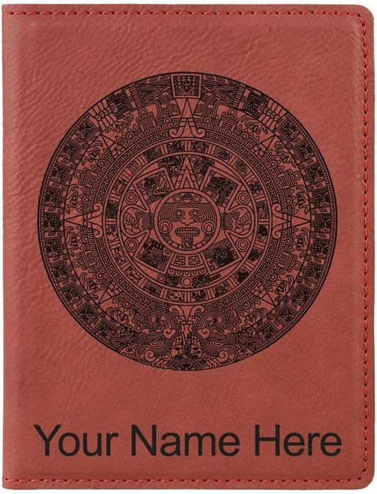 LaserGram Faux Leather Passport Holder, Aztec Calendar, Personalized Engraving Included (Burgundy)
