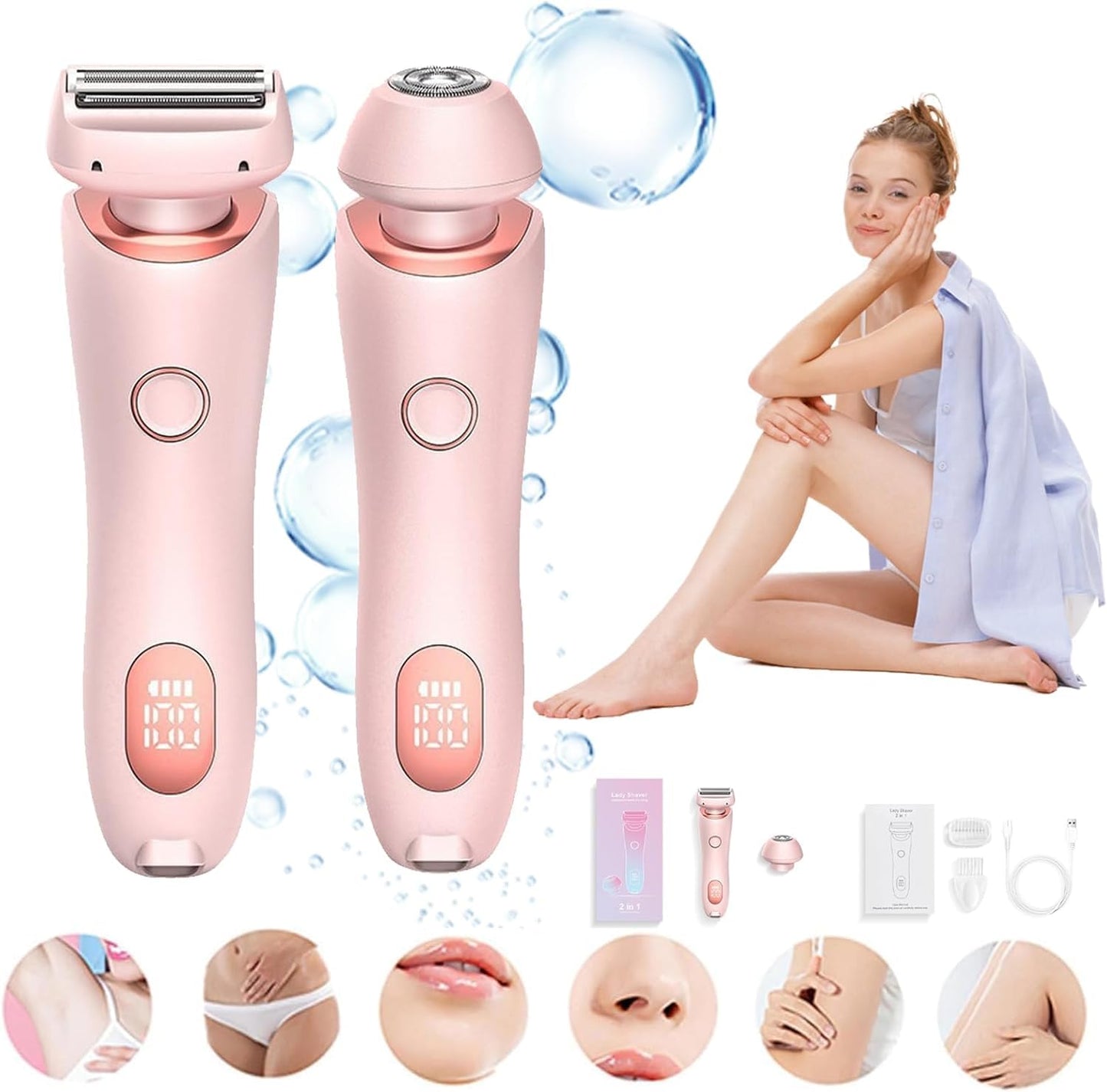 Electric Razor for Women, Rechargeable Hair Remover, Portable and Safe Lady Razor, 2 in 1 Double-Headed Waterproof Wet and Dry, Electric Bikini Trimmer for Women (Pink)