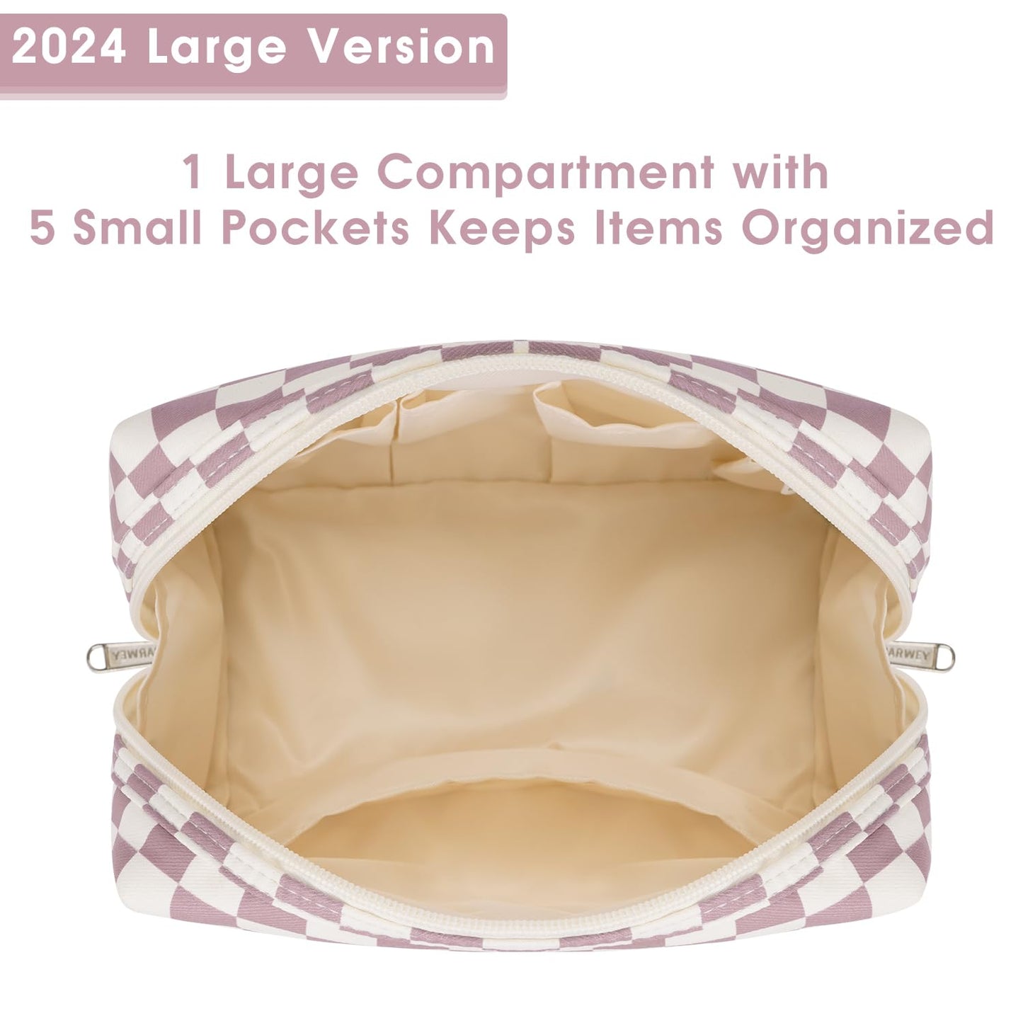 Narwey Checkered Makeup Bag Pink Travel Cosmetic Bag Organizer Toiletry Bag Make Up Bags with Compartments for Women Girls (Large, Dusty Rose Checkerboard)