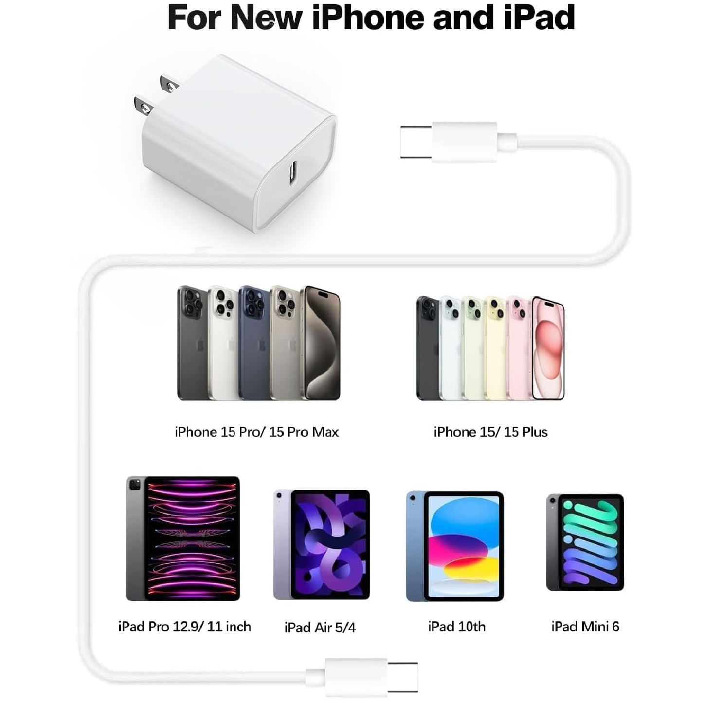 10FT Cord for iPhone 15 Charger Fast Charging,3Pack 20W USB C Wall Charger Charging Block Long USB C to Type C Cable for iPhone 15/Plus/Pro/Pro Max/iPad Mini 6/iPad Air 4/iPad Pro 12.9/iPad Pro 11inch