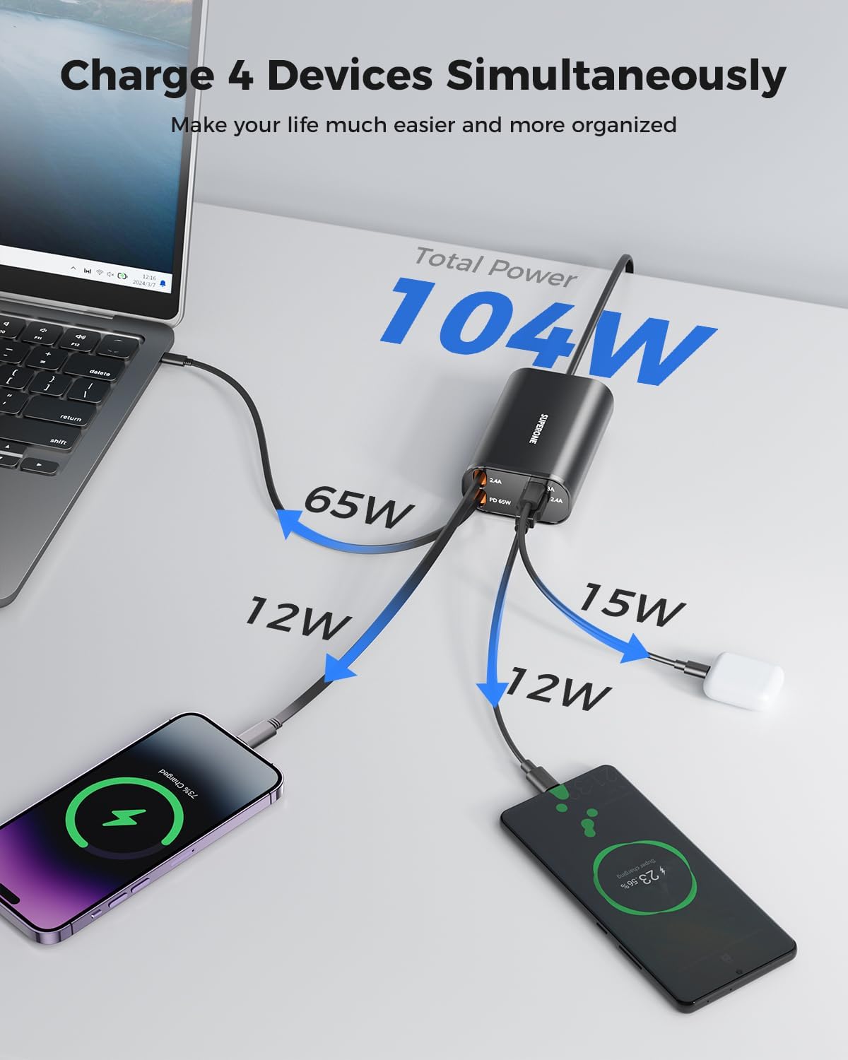 SUPERONE 104W Retractable Charger, 4-Port Retractable Wall Charger PD 65W for MacBook, Charging Station with 3ft Retractable USB C & Apple Cable, Desktop Charger for iPhone 17 16 15 14, iPad, Laptop