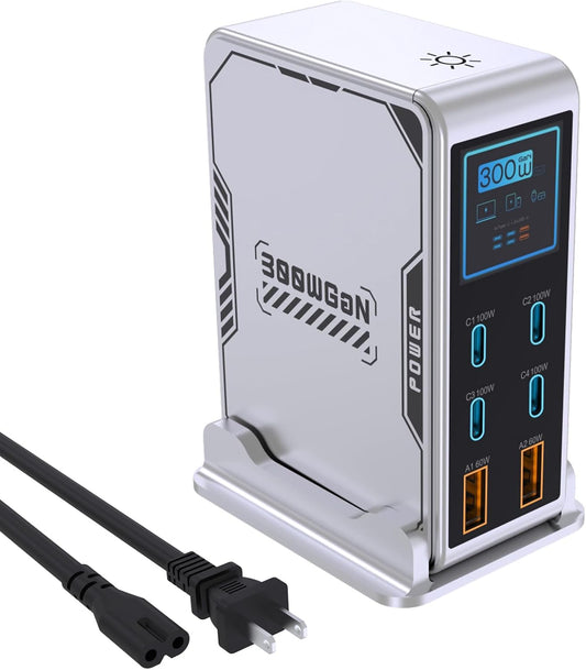 300W USB C Charging Station, GaN Tech 6-Ports(4C+2A) Fast Charger, TFT LCD Power Display, PD3.0 100W PPS 45W QC60W for MacBook Pro/Air, iPhone 16/15/14, iPad, Galaxy S25/S24 and More