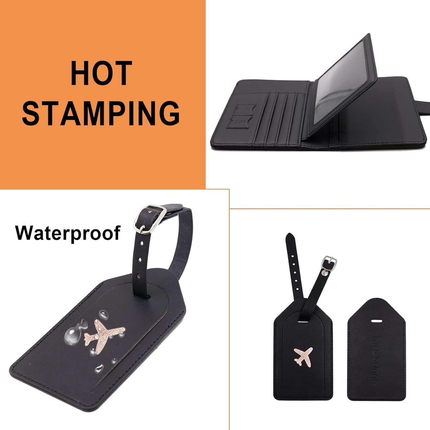 Real Leather Wallet RFID Passport Holder with Suitcase Tag Set Card Slots (Black)