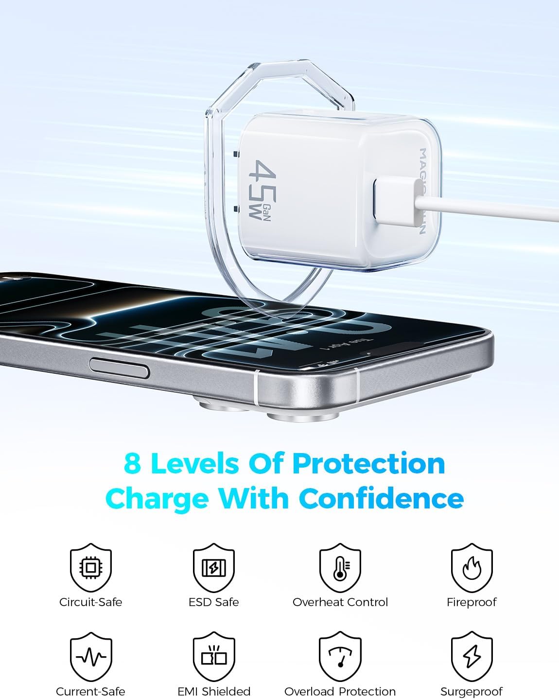MAGIC JOHN 45W USB C Charger Block, Ultra-Fast Charging for iPhone 15/16/17 & More, Compatible with iPhone, iPad, Samsung, and Other USB C Devices White