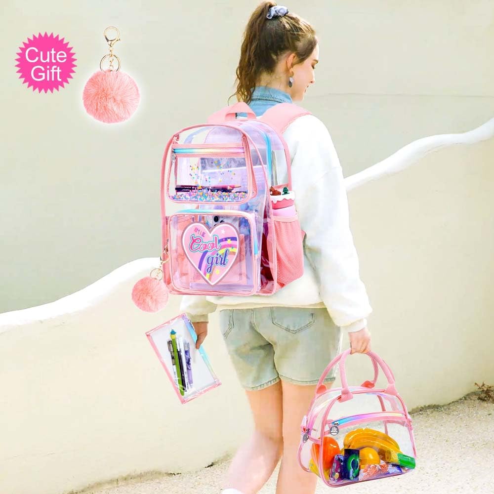 3PCS Clear Backpack Heavy Duty, Cute Sequins Transparent Bookbag with Handbag for Girls, Womens Pink See Through School Bag