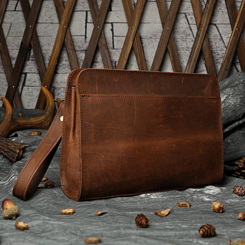 Vintage Crazy Horse Leather Business Briefcase - Under Arm Clutch Bag with Tablet Case & Organizer